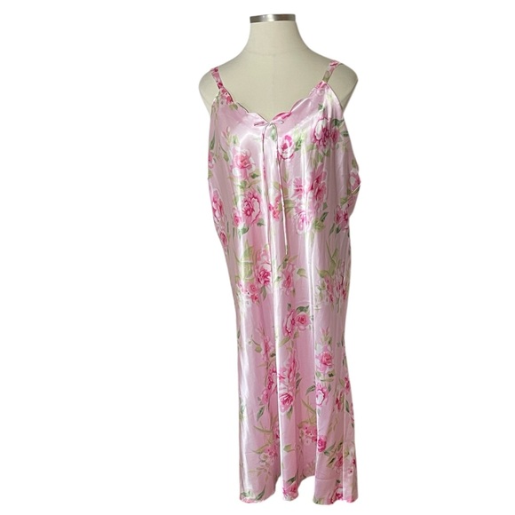 Enchanted Pink Satin Floral Nighty Pastel Plus Size Scallop V-neck Tank Gown 30 - Picture 1 of 17